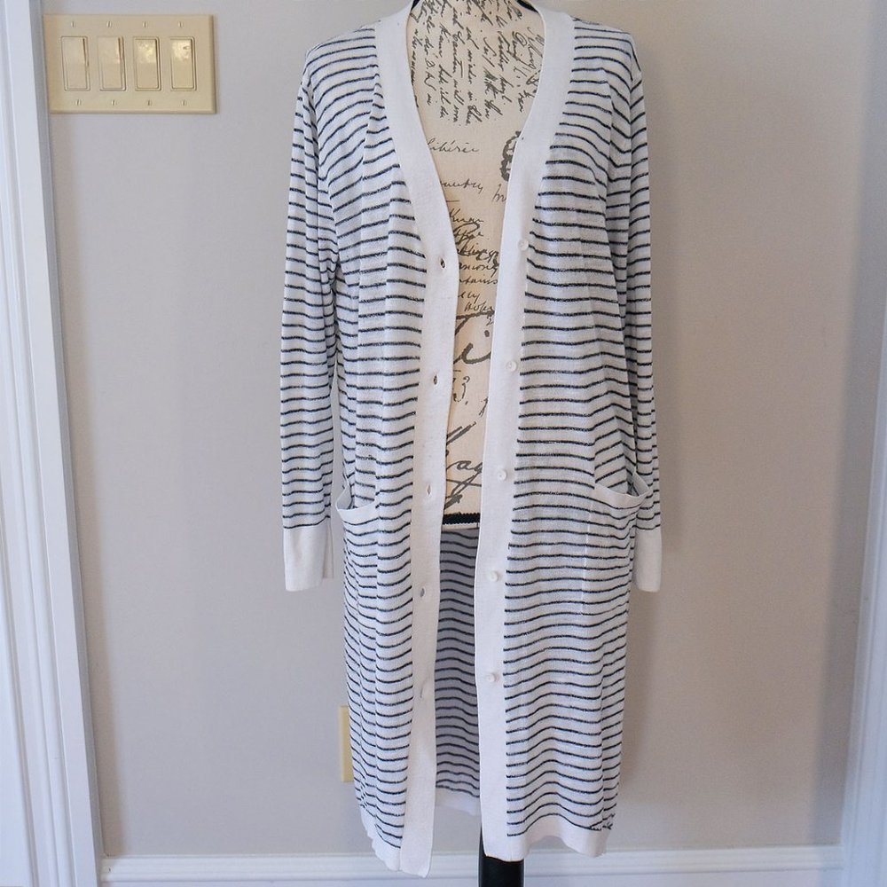 LAST CHANCE! -- Black & White Stripe Long Light Weight Cardigan